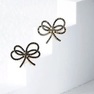 Gold 4/$25 Black Rhinestone Bow Earrings